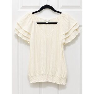 Express Ivory Flutter Sleeve Smocked Hem V-Neck Embroidered Blouse Medium